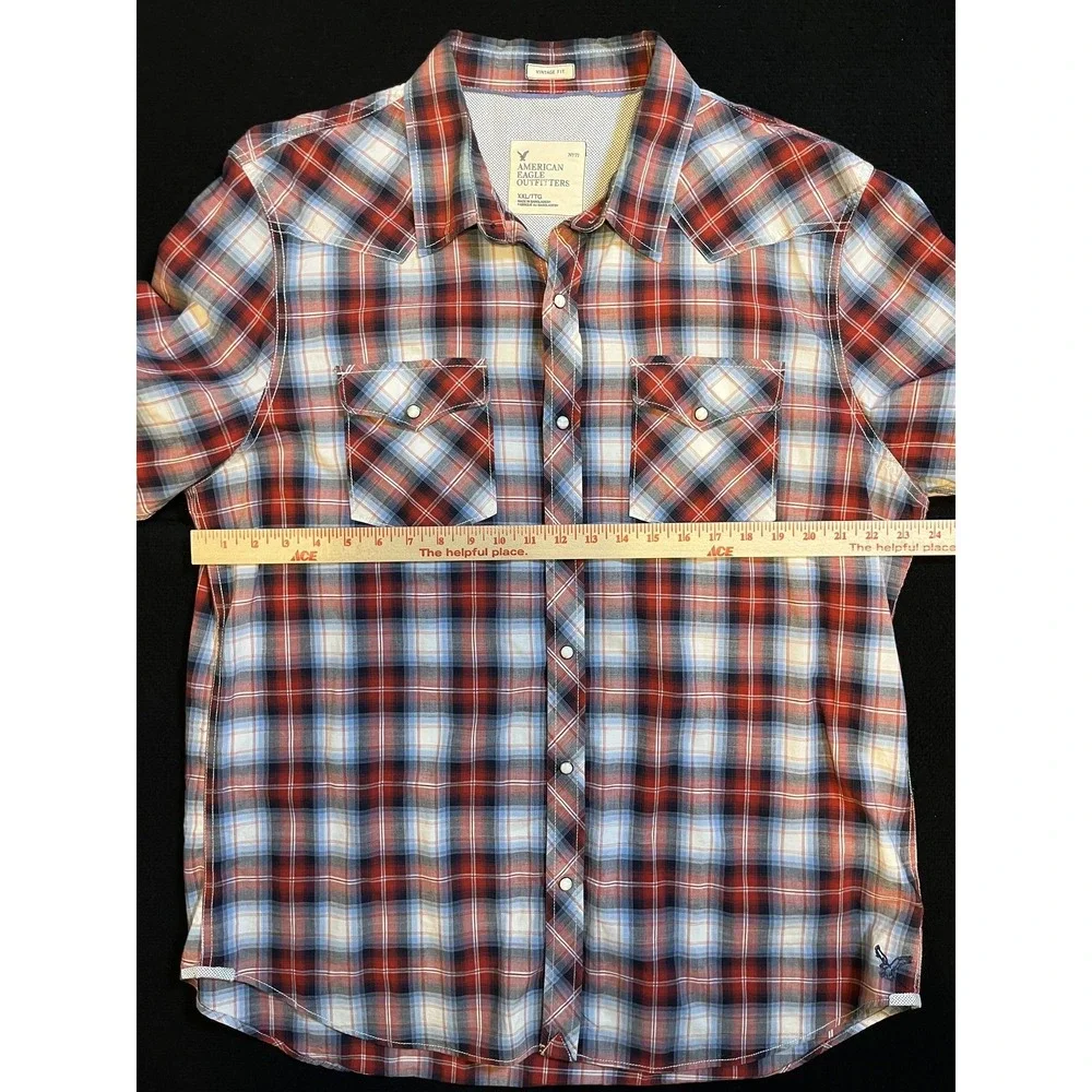 American‎ Eagle Outfitters Shirt Mens 2XL Red Plaid Western Pearl Snap Sleeve